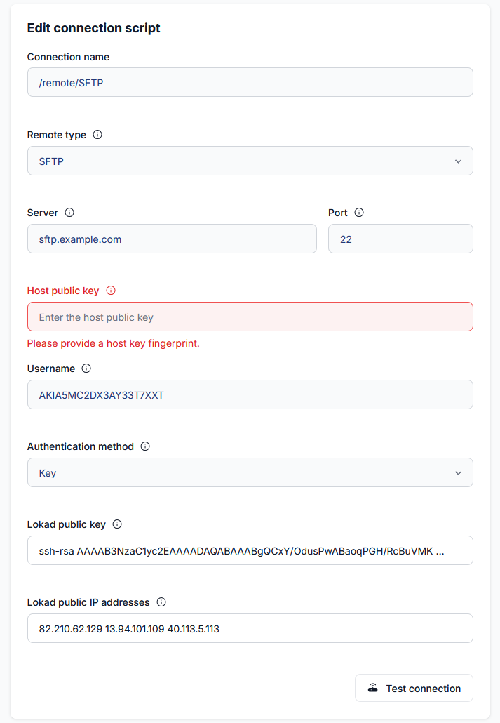 Screenshot of connection script creation page