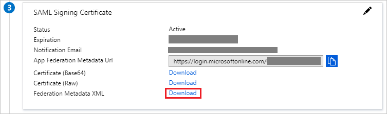 Screenshot of the Azure portal pointing the SAML metadata download link