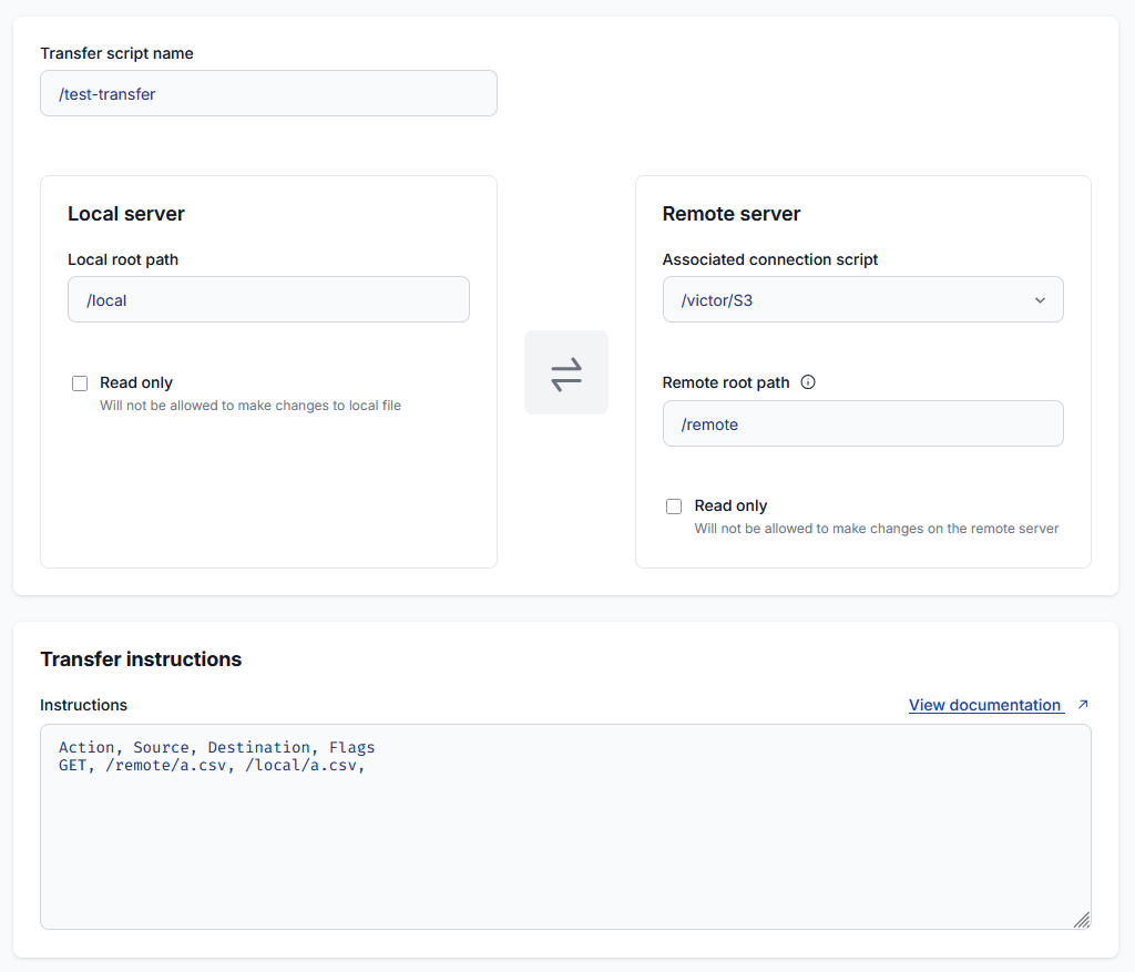 Transfer script edit page screenshot